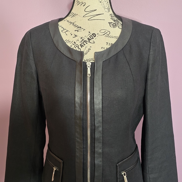 Lafayette 148 New York Black Linen Full Zip Jacket with Leather Accents 6P - Picture 5 of 12